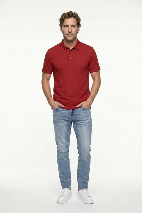 Light Burgundy Polo Collar Regular Fit Embroidered Cotton T-shirt