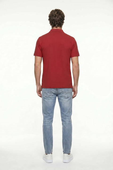 Light Burgundy Polo Collar Regular Fit Embroidered Cotton T-shirt