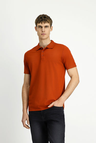 Kiremit Polo Yaka Regular Fit Nakışlı Pamuklu Tişört