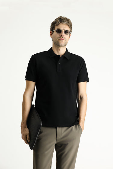 Siyah Slim Fit Dar Kesim Nakışlı Pamuk Polo Yaka Tişört