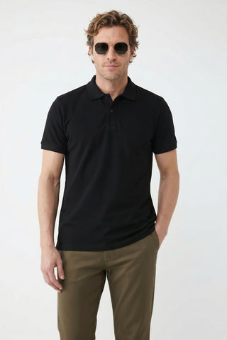 Siyah Polo Yaka Slim Fit Nakışlı %100 Pamuk Tişört