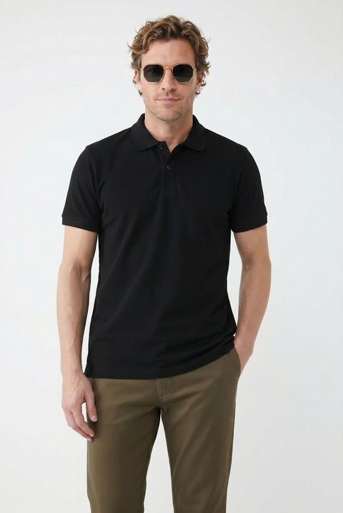 Black Polo Shirt Slim Fit Embroidered 100% Cotton