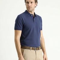 Orta Lacivert Polo Yaka Slim Fit Nakışlı %100 Pamuk Tişört