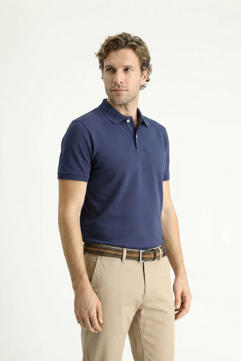 Orta Lacivert Polo Yaka Slim Fit Nakışlı %100 Pamuk Tişört