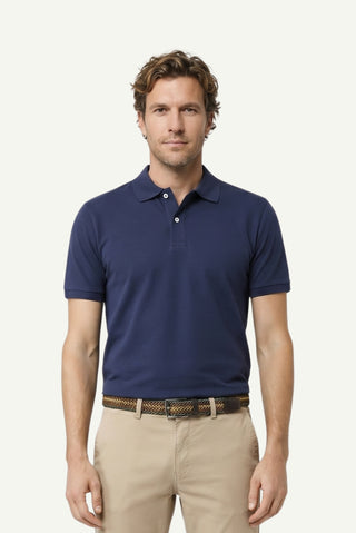 Orta Lacivert Polo Yaka Slim Fit Nakışlı %100 Pamuk Tişört