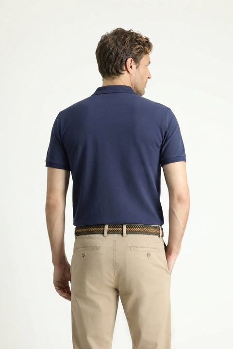Orta Lacivert Polo Yaka Slim Fit Nakışlı %100 Pamuk Tişört