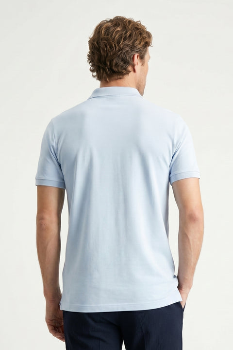 Açık Mavi Polo Yaka Slim Fit Nakışlı %100 Pamuk Tişört