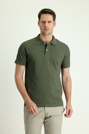 Orta Haki Slim Fit Dar Kesim Nakışlı Pamuk Polo Yaka Tişört