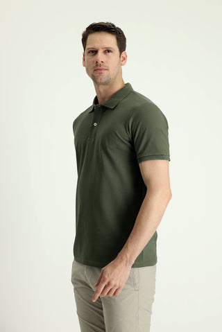 Orta Haki Polo Yaka Slim Fit Nakışlı %100 Pamuk Tişört