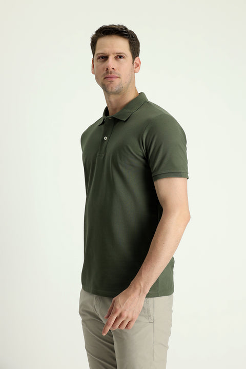 Medium Khaki Polo Collar Slim Fit Embroidered 100% Cotton T-shirt