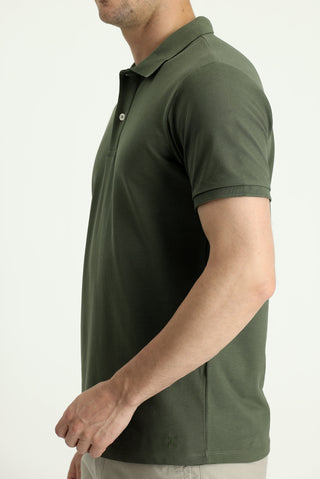 Orta Haki Polo Yaka Slim Fit Nakışlı %100 Pamuk Tişört