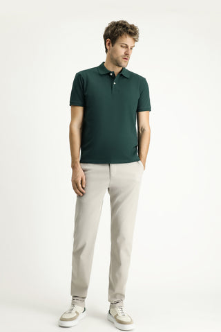 Koyu Yeşil Polo Yaka Slim Fit Nakışlı %100 Pamuk Tişört