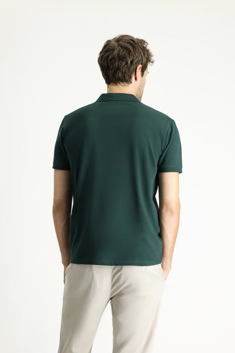 Koyu Yeşil Polo Yaka Slim Fit Nakışlı %100 Pamuk Tişört