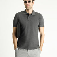 Koyu Antrasit Slim Fit Dar Kesim Nakışlı Pamuk Polo Yaka Tişört
