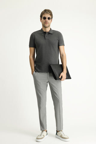 Koyu Antrasit Polo Yaka Slim Fit Nakışlı %100 Pamuk Tişört