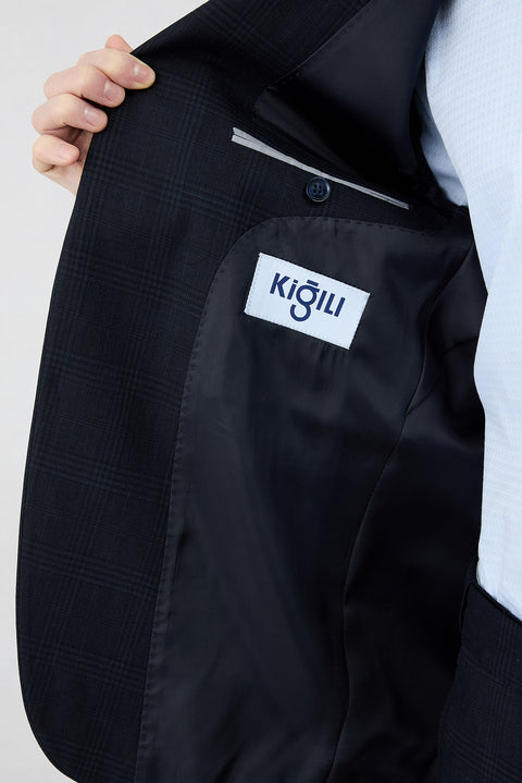 Koyu Lacivert 4 Drop Relaxed Fit Rahat Kesim Mono Yaka Ekose Beli Lastikli Likralı Takım Elbise