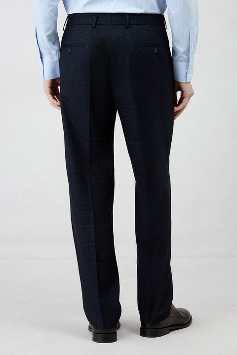 Koyu Lacivert 4 Drop Relaxed Fit Rahat Kesim Mono Yaka Ekose Beli Lastikli Likralı Takım Elbise