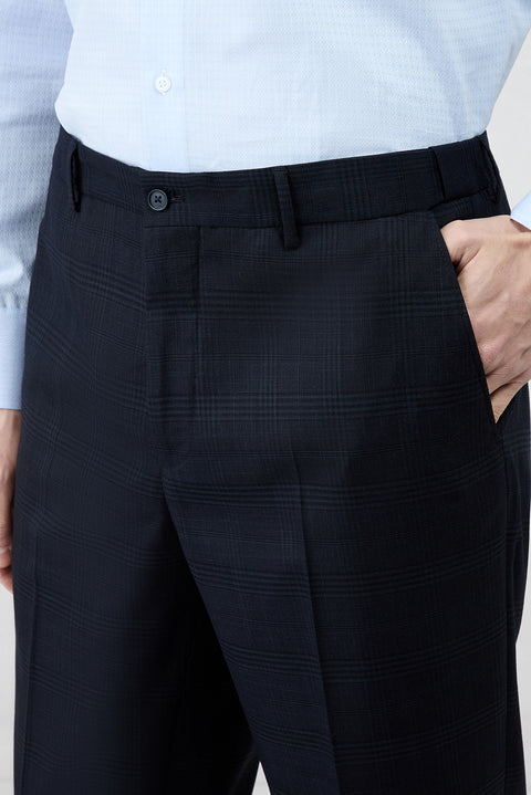 Koyu Lacivert 4 Drop Relaxed Fit Rahat Kesim Mono Yaka Ekose Beli Lastikli Likralı Takım Elbise