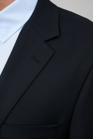 Koyu Lacivert 4 Drop Relaxed Fit Rahat Kesim Yünlü Çizgili Mono Yaka Takım Elbise