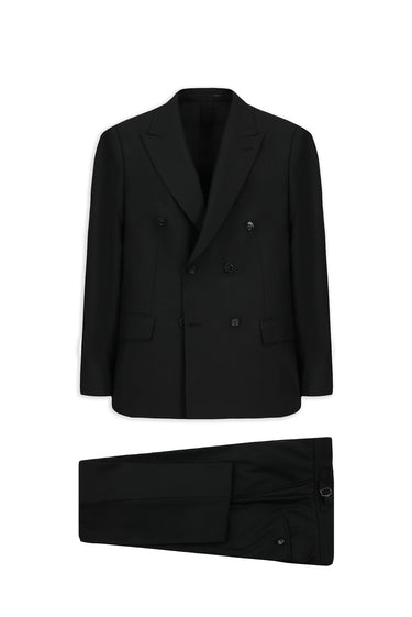 Siyah Regular Fit Sivri Yaka Kruvaze Kapama Yünlü Takım Elbise