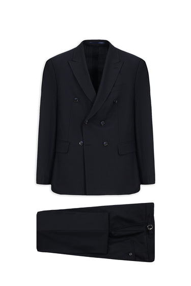 Koyu Lacivert Regular Fit Sivri Yaka Kruvaze Kapama Yünlü Takım Elbise