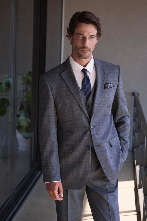 Dark Anthracite 7 Drop Slim Fit Peak Lapel Plaid Triple Suit