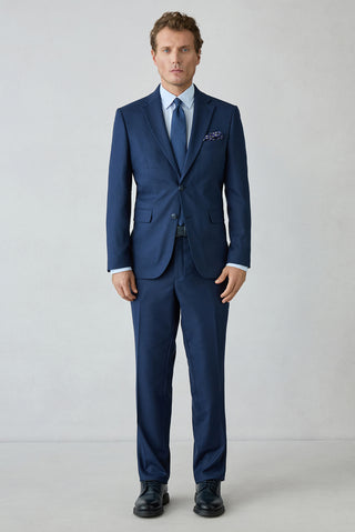 Orta Lacivert 4 Drop Relaxed Fit Mono Yaka Yünlü Düz Takım Elbise