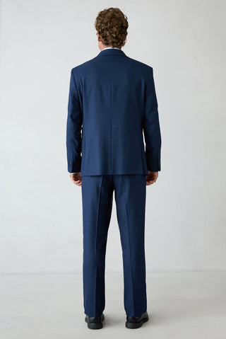 Orta Lacivert 4 Drop Relaxed Fit Mono Yaka Yünlü Düz Takım Elbise