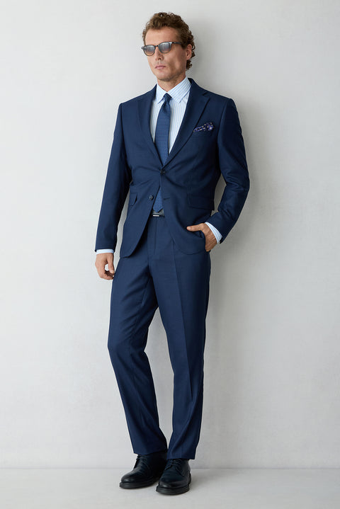 Mid-Navy 4-Drop Relaxed Fit Notch Lapel Wool Plain Suit