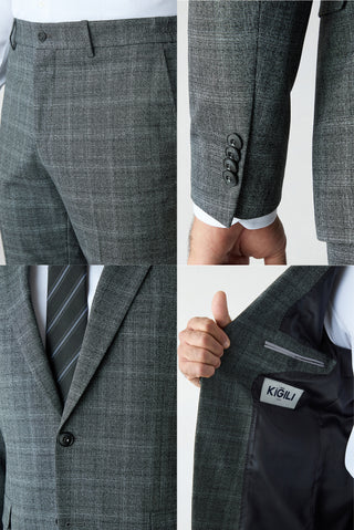 Orta Füme 6 Drop Regular Fit Standart Kesim Yünlü Mono Yaka Beli Lastikli Ekose Takım Elbise