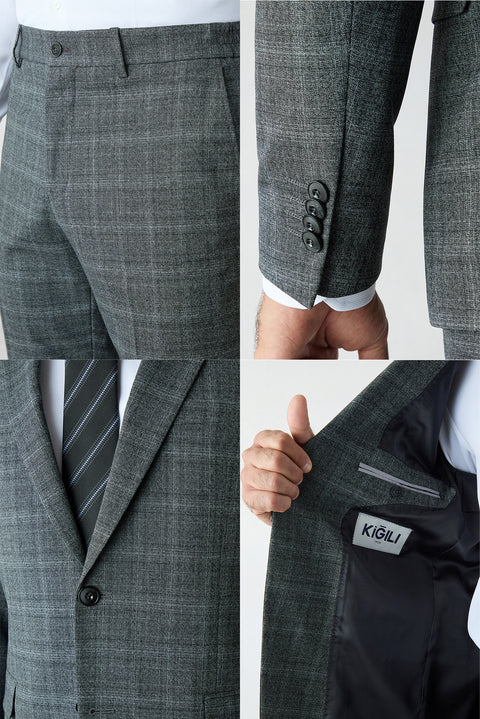 Medium Smoke 6 Drop Regular Fit Notch Lapel Wool Suit with Drawstring Waist