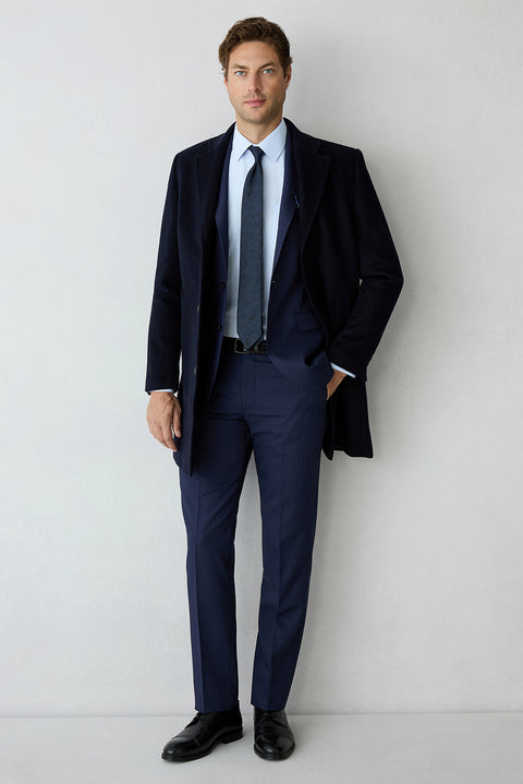 Dark Navy 6-Drop Regular Fit Notch Lapel Striped Wool Suit