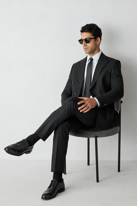 Black 7 Drop Slim Fit Peak Lapel Double-Breasted Plain Wool Suit