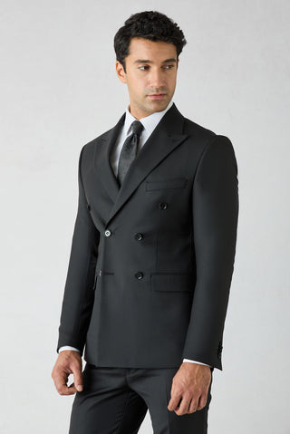 Siyah 7 Drop Slim Fit Dar Kesim Yünlü Sivri Yaka Kruvaze Takım Elbise