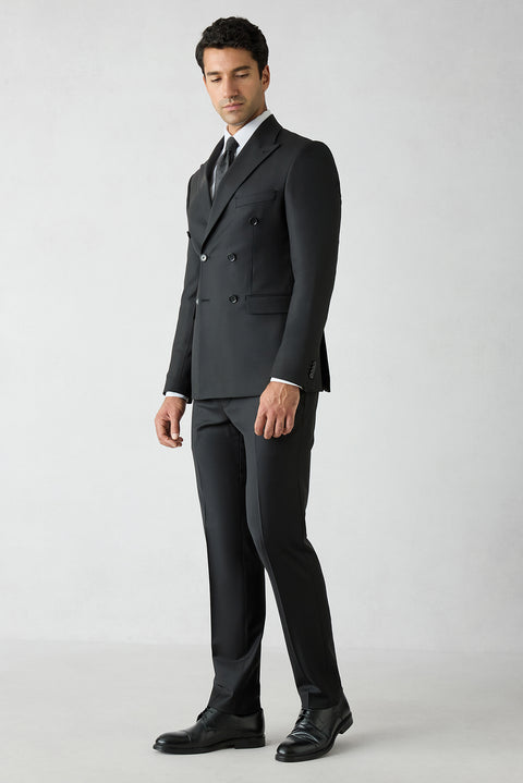 Black 7 Drop Slim Fit Peak Lapel Double-Breasted Plain Wool Suit