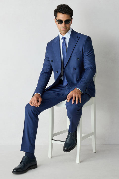 Açık Lacivert 7 Drop Slim Fit Dar Kesim Yünlü Sivri Yaka Kruvaze Takım Elbise