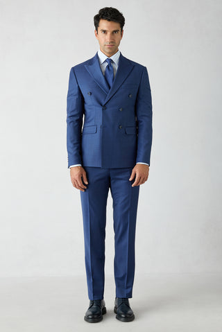 Açık Lacivert 7 Drop Slim Fit Dar Kesim Yünlü Sivri Yaka Kruvaze Takım Elbise
