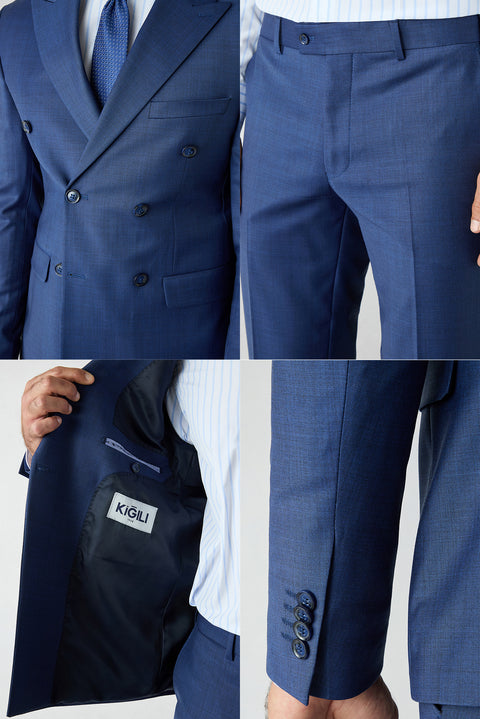 Açık Lacivert 7 Drop Slim Fit Dar Kesim Yünlü Sivri Yaka Kruvaze Takım Elbise