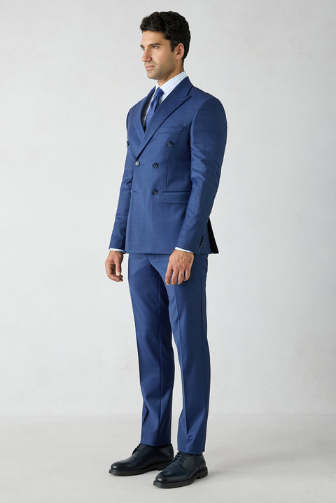 Açık Lacivert 7 Drop Slim Fit Dar Kesim Yünlü Sivri Yaka Kruvaze Takım Elbise