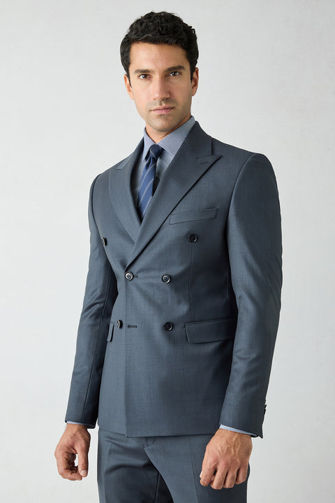 Koyu Lacivert 7 Drop Slim Fit Dar Kesim Yünlü Sivri Yaka Kruvaze Takım Elbise