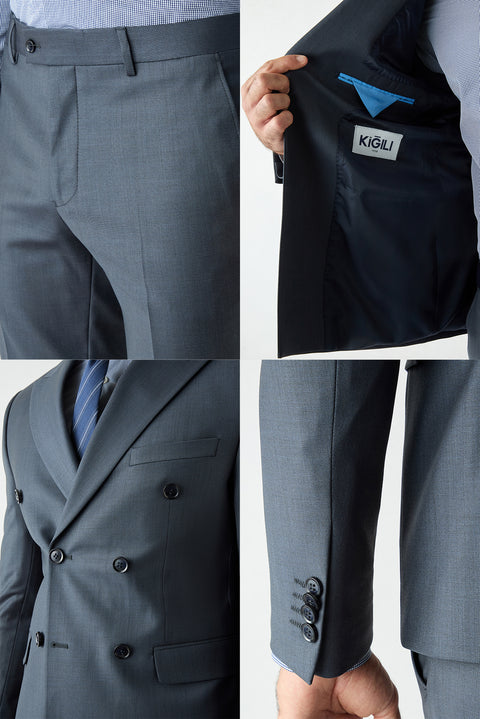 Koyu Lacivert 7 Drop Slim Fit Dar Kesim Yünlü Sivri Yaka Kruvaze Takım Elbise
