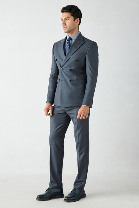 Koyu Lacivert 7 Drop Slim Fit Dar Kesim Yünlü Sivri Yaka Kruvaze Takım Elbise
