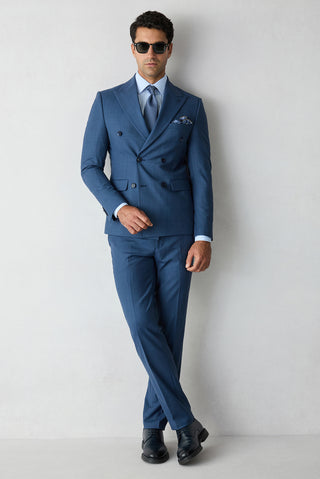 İndigo 7 Drop Slim Fit Dar Kesim Yünlü Sivri Yaka Kruvaze Takım Elbise
