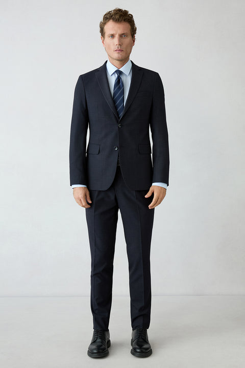 Koyu Lacivert 7 Drop Süper Slim Fit Armürlü Mono Yaka Klasik Takım Elbise
