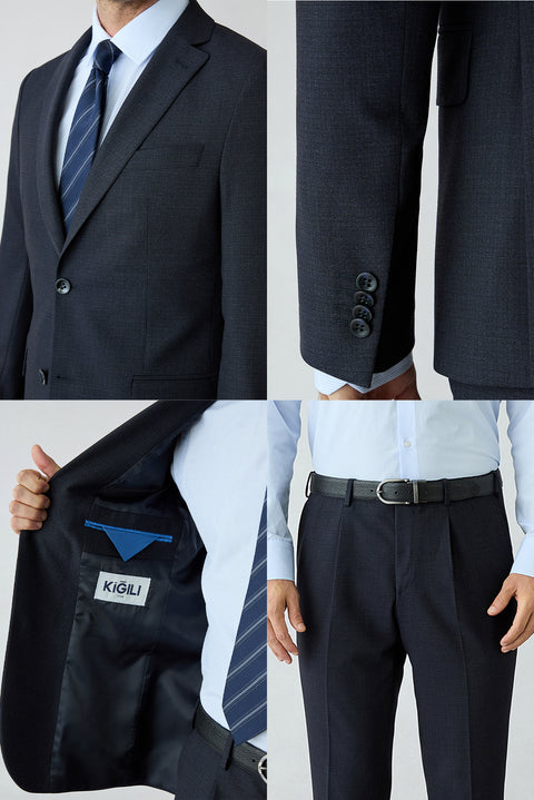 Koyu Lacivert 7 Drop Super Slim Fit Eksra Dar Kesim Desenli Mono Yaka Likralı Takım Elbise