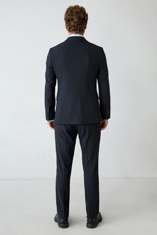 Koyu Lacivert 7 Drop Süper Slim Fit Armürlü Mono Yaka Klasik Takım Elbise