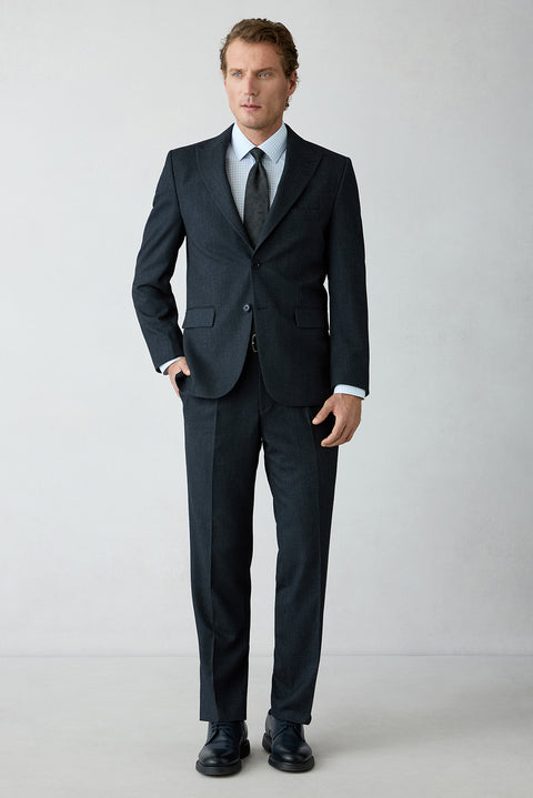 Koyu Lacivert 4 Drop Relaxed Fit Rahat Kesim Çizgili Sivri Yaka Takım Elbise