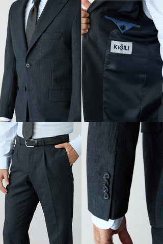 Koyu Lacivert 4 Drop Relaxed Fit Sivri Yaka Çizgili Klasik Takım Elbise