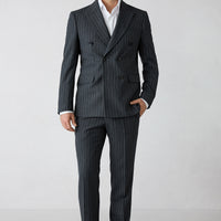 Koyu Füme 7 Drop Slim Fit Sivri Yaka Çizgili Kruvaze Kapama Takım Elbise