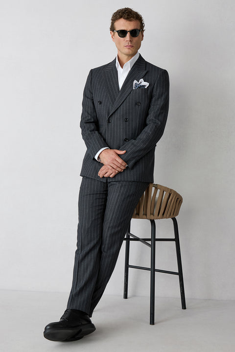 Koyu Füme 7 Drop Slim Fit Sivri Yaka Çizgili Kruvaze Kapama Takım Elbise